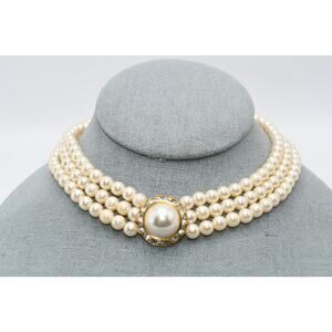 Vintage Triple Strand Faux Pearl Necklace Rhinestone Pendant Choker 17 Inch